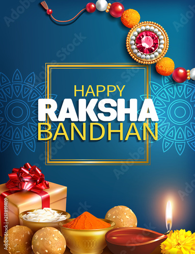 Greeting background with decorated rakhi, gift and aarti for Raksha Bandhan (Bond of protection and care) – Indian festival of sisters and brothers. Vector illustration.