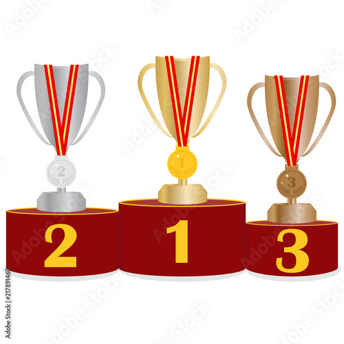 Pedestal of honor with sports trophies. Sports pedestal with cups and medals.