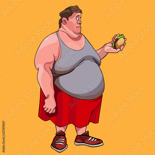 cartoon fat man looks at hamburger in his hand in surprise