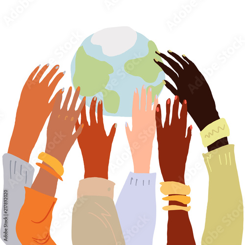 Illustration of a people's hands with different skin color together holding each other. Race equality, feminism, tolerance art in minimal style.