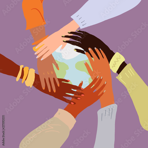 Illustration of a people's hands with different skin color together holding each other. Race equality, feminism, tolerance art in minimal style.