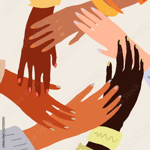 Illustration of a people's hands with different skin color together holding each other. Race equality, feminism, tolerance art in minimal style.