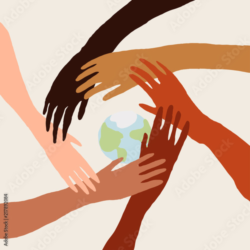 Illustration of a people's hands with different skin color together holding each other. Race equality, feminism, tolerance art in minimal style.