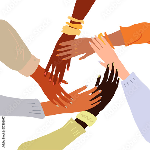 Illustration of a people's hands with different skin color together holding each other. Race equality, feminism, tolerance art in minimal style.