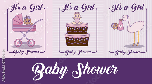 baby shower design with cute baby girls and stork over colorful background  vector illustration