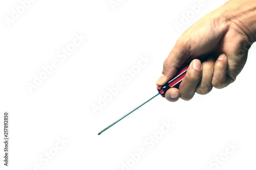 hand of a man holding a screwdriver  on white background isolated