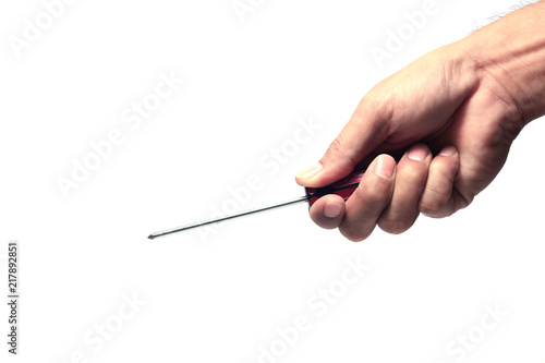hand of a man holding a screwdriver  on white background isolated