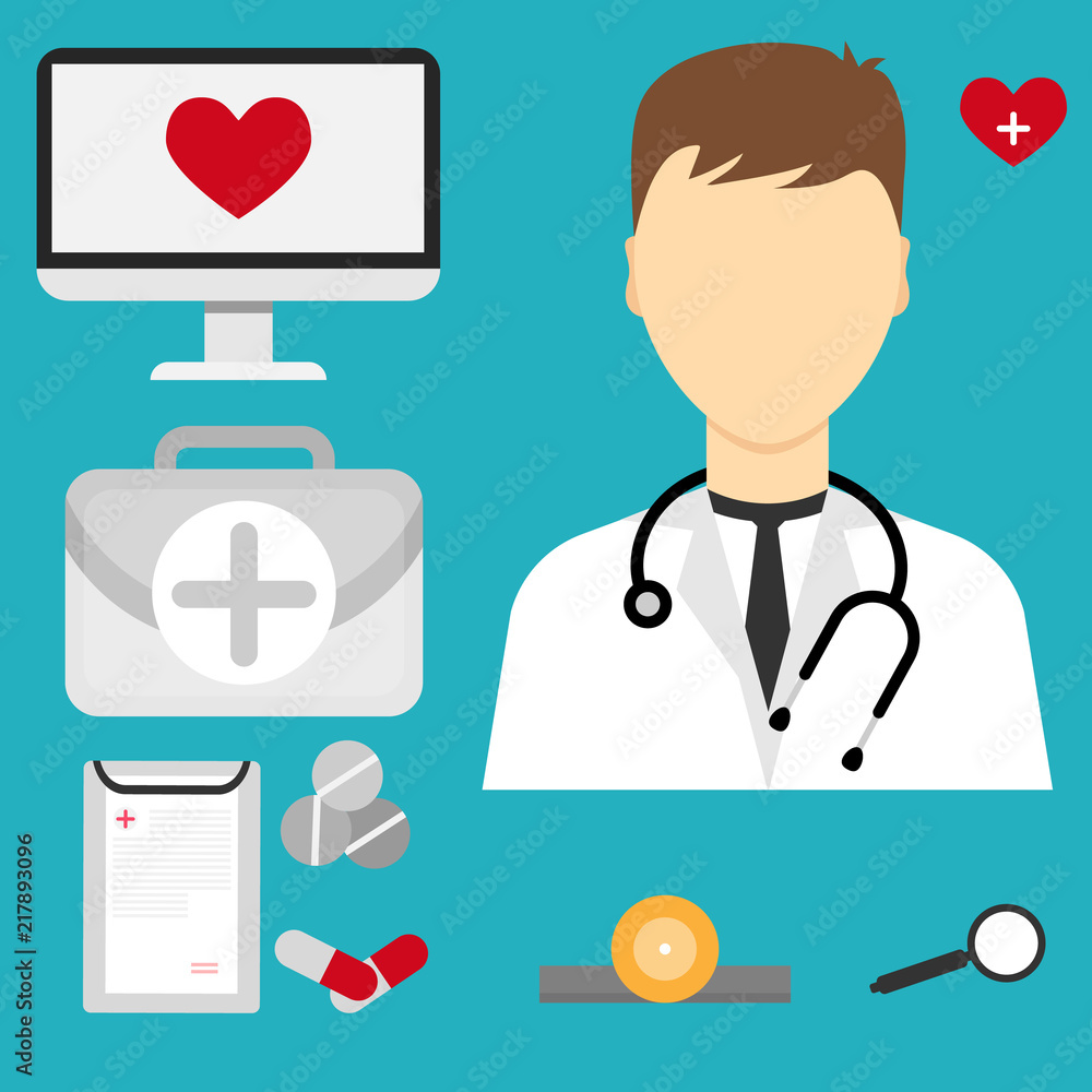 Vector illustration of male doctor in flat style. Medical kit first aid  emergency case, stethoscope, medical card , pills and tablets. . Stock  Vector | Adobe Stock