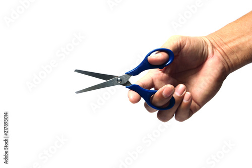 hand of a man holding a scissor  on white background isolated