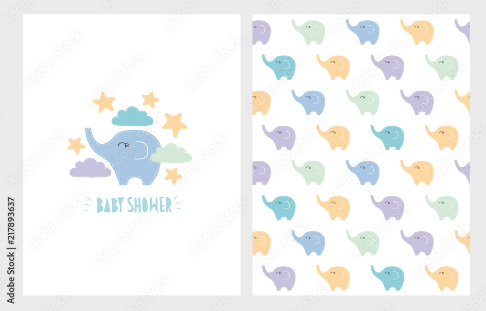 Cute Baby Shower Illustration Set. Hand Drawn Blue Letters. White Background. Pastel Colors Little Elephants Pattern. Funny Blue Elephant Among Yellow Stars and Blue and Violet Clouds. Simple Design.