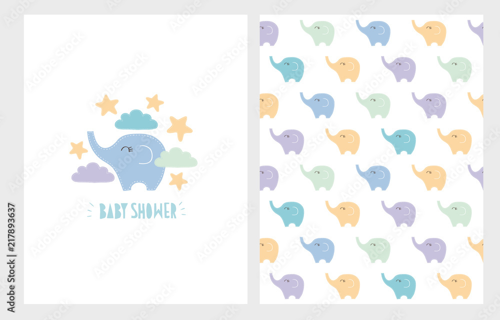 Cute Baby Shower Illustration Set. Hand Drawn Blue Letters. White Background. Pastel Colors Little Elephants Pattern. Funny Blue Elephant Among Yellow Stars and Blue and Violet Clouds. Simple Design. Cute Baby Shower Illustration Set. Hand Drawn Blue Letters. White Background. Pastel Colors Little Elephants Pattern. Funny Blue Elephant Among Yellow Stars and Blue and Violet Clouds. Simple Design.