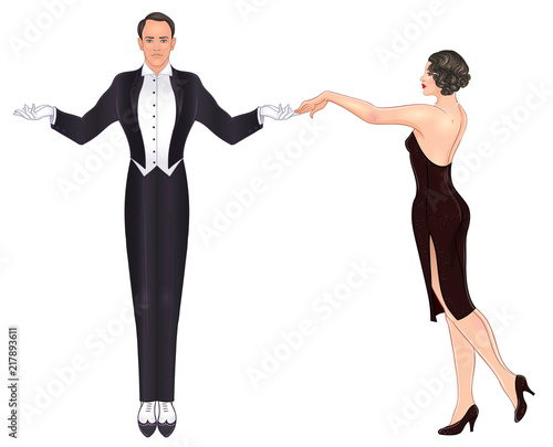 Beautiful couple in art deco style dancing tango. Retro fashion: glamour man and woman of twenties. Vector illustration. Flapper 20's style. Vintage wedding invitation template.