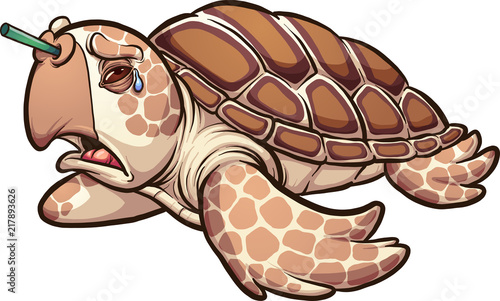 Sad sea turtle crying with a plastic straw in it’s nose. Vector clip art illustration with simple gradients. All in a single layer. 