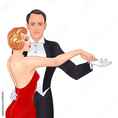 Beautiful couple in art deco style dancing tango. Retro fashion: glamour man and woman of twenties. Vector illustration. Flapper 20's style. Vintage wedding invitation template.