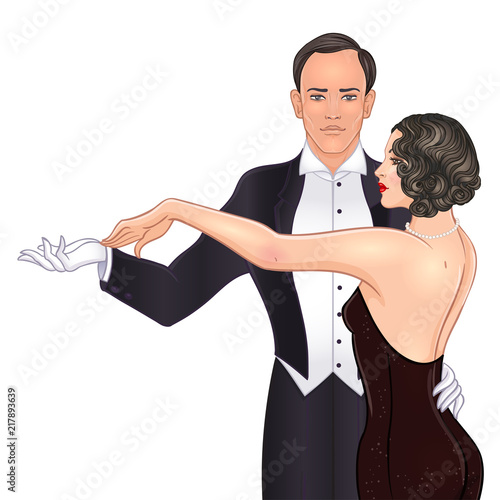 Beautiful couple in art deco style dancing tango. Retro fashion: glamour man and woman of twenties. Vector illustration. Flapper 20's style. Vintage wedding invitation template.