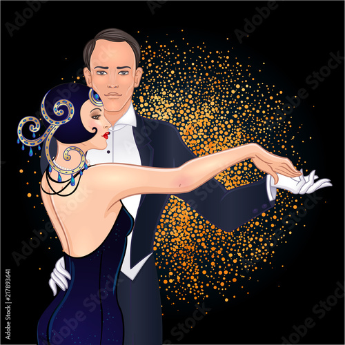 Beautiful couple in art deco style dancing tango. Retro fashion: glamour man and woman of twenties. Vector illustration. Flapper 20's style. Vintage wedding invitation template.
