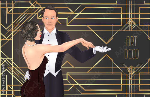 Beautiful couple in art deco style dancing tango. Retro fashion: glamour man and woman of twenties. Vector illustration. Flapper 20's style. Vintage wedding invitation template.