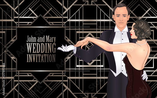 Beautiful couple in art deco style dancing tango. Retro fashion: glamour man and woman of twenties. Vector illustration. Flapper 20's style. Vintage wedding invitation template.