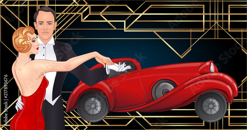 Beautiful couple in art deco style dancing tango. Retro fashion: glamour man and woman of twenties and red car. Vector illustration. Roaring Twenties.