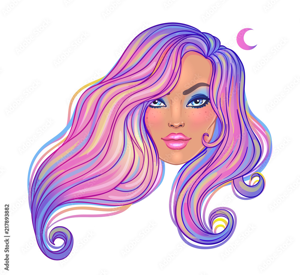 Beautiful woman with long wavy purple dyed hair flowing in the wind. Hair salon concept. vector illustration isolated. Portrait of a young Caucasian woman. Beautiful woman with long wavy purple dyed hair flowing in the wind. Hair salon concept. vector illustration isolated. Portrait of a young Caucasian woman.