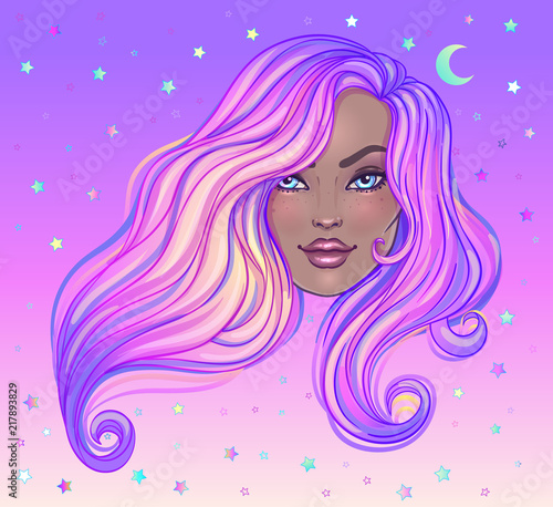 Dark magic. Mysterious girl with galaxy make up and with the sky full of star...