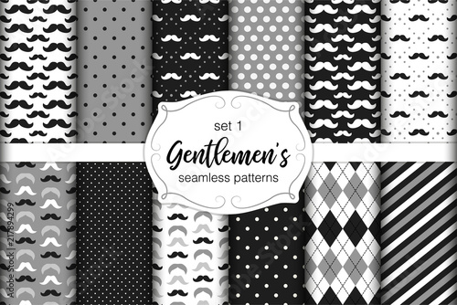 Cute set of Gentlemen's seamless patterns with mustache