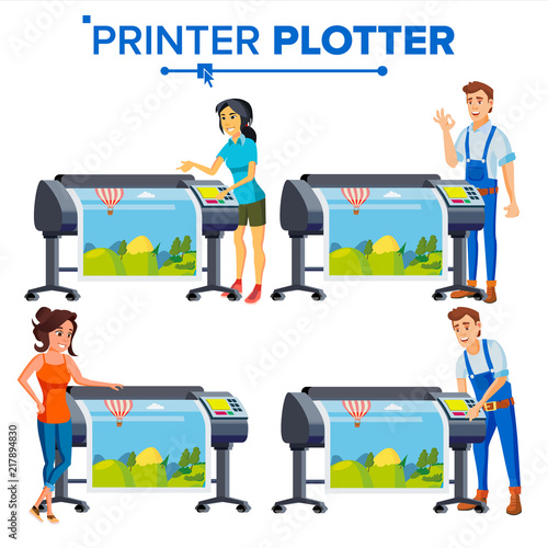 Workers With Plotter Set Vector. Woman, Man. Prints Beautiful Picture, Banner. Print Service. Large Format Multifunction Printer. Polygraphy. Full Color Latex, Laser Printer. Printshop. Illustration