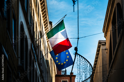 Italian flag with EU flag in Venice  ITALY