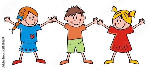 Happy kids, two girls and boy, funny vector illustration