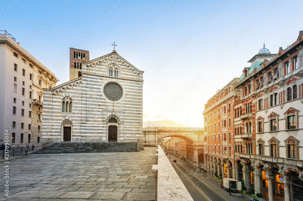 Genoa, Italy on sunrise. Abbazia di Santo Stefano (Saint Stephen church) dating to the 10th century