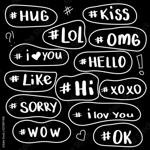 Hashtag, social media icons set. Set of words with the hashtag in the bubble. Youth slang. Trend calligraphy Hand drawn vector collection.