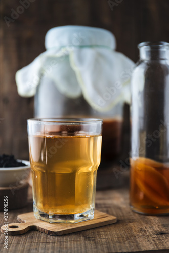 Homemade fermented raw kombucha tea. Healthy natural probiotic flavored drink. Copy space