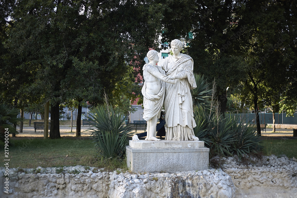 Naples, Italy - July 23, 2018 : Oreste and Elettra fountain at Villa Comunale