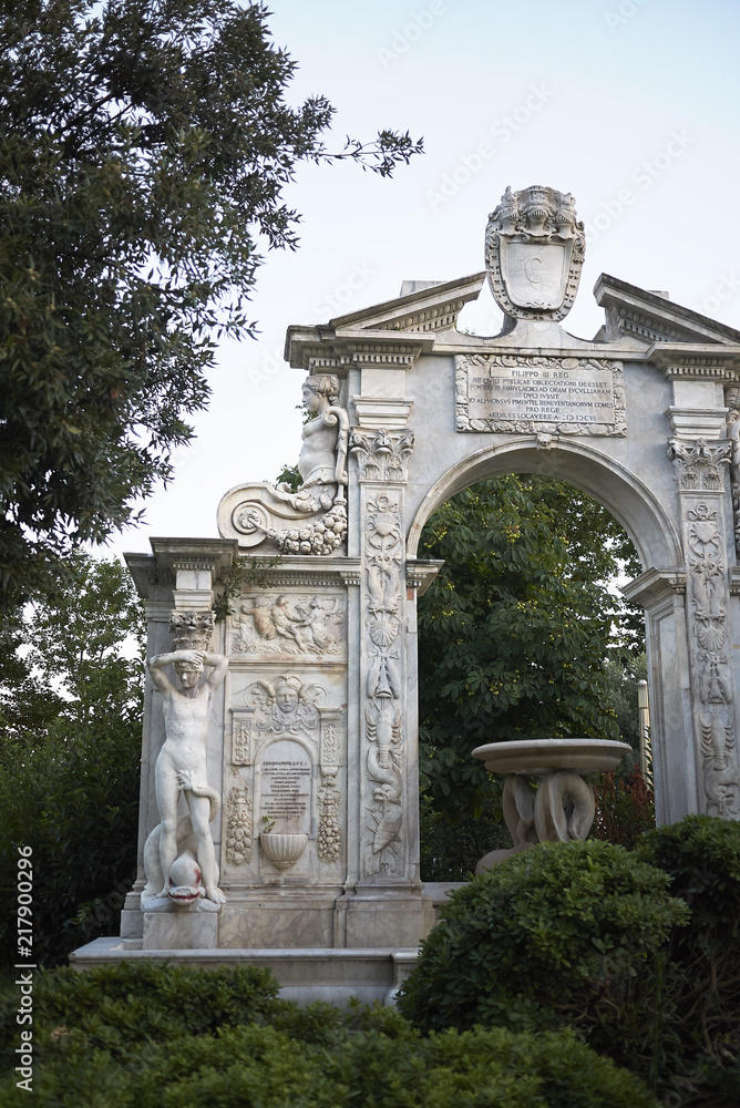 Naples, Italy - July 23, 2018 : Santa Lucia fountain at Villa Comunale Naples, Italy - July 23, 2018 : Santa Lucia fountain at Villa Comunale