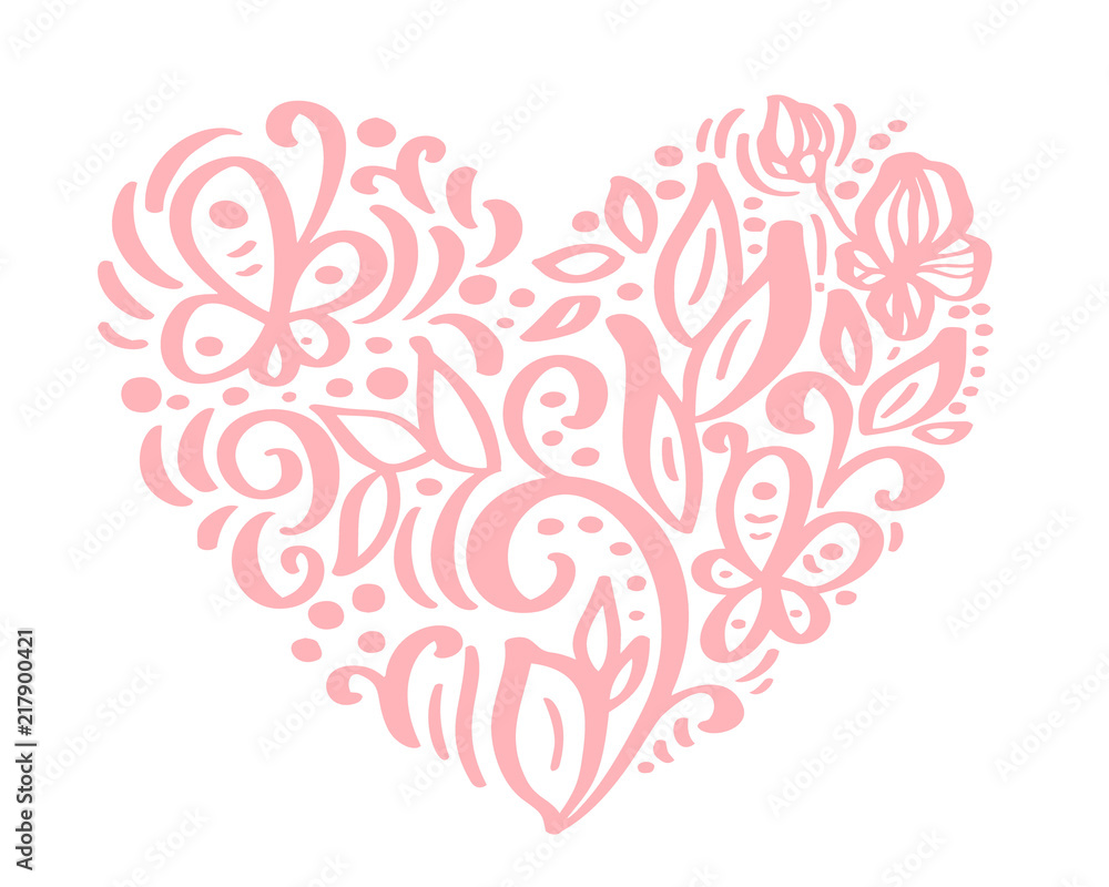 Hand drawn heart love valentine flowers separator. Calligraphy designer elements flora. Vector vintage wedding illustration Isolated on white background frame, hearts for your design