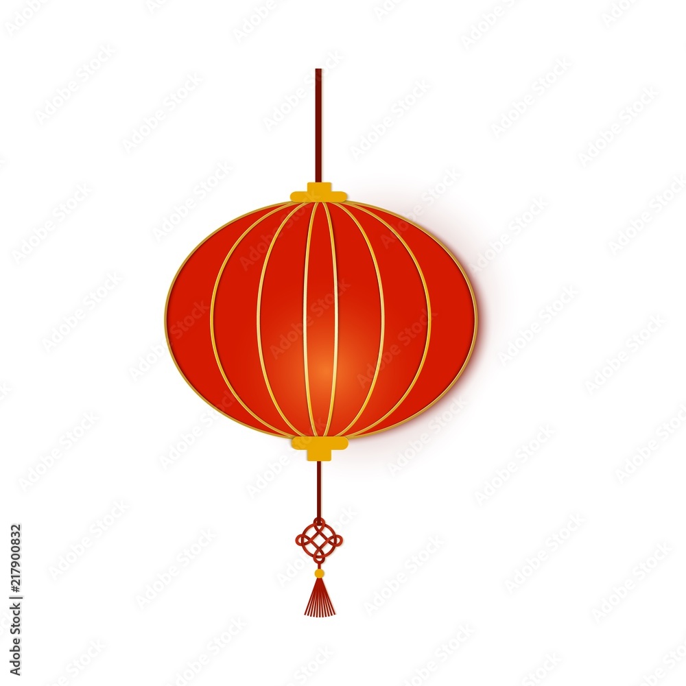 Obraz premium Red Chinese traditional circle paper lantern. Chinese New Year lantern round shape. Paper art stile asian decoration. Isolated on white background. Vector card illustration