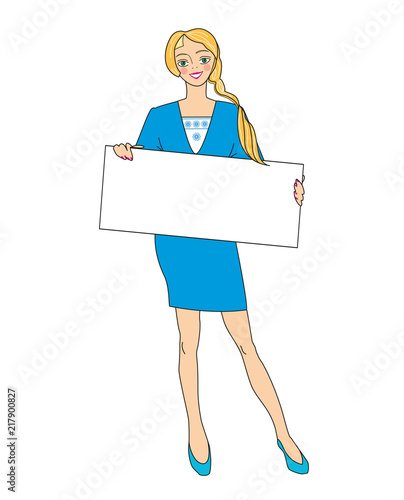 A leggy girl in a business blue suit is holding a blank white promo poster that will feature your special offer.