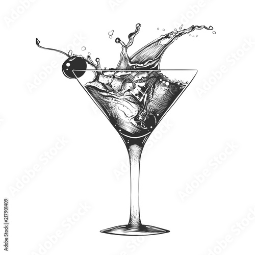 Vector engraved style illustration for posters, decoration and print. Hand drawn sketch of cocktail with splash, monochrome isolated on white background. Detailed vintage woodcut style