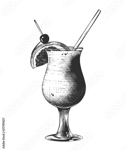 Vector engraved style illustration for posters, decoration and print. Hand drawn sketch of summer cocktail, monochrome isolated on white background. Detailed vintage woodcut style