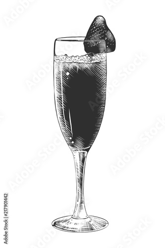Vector engraved style illustration for posters, decoration and print. Hand drawn sketch of champagne with strawberry, monochrome isolated on white background. Detailed vintage woodcut style