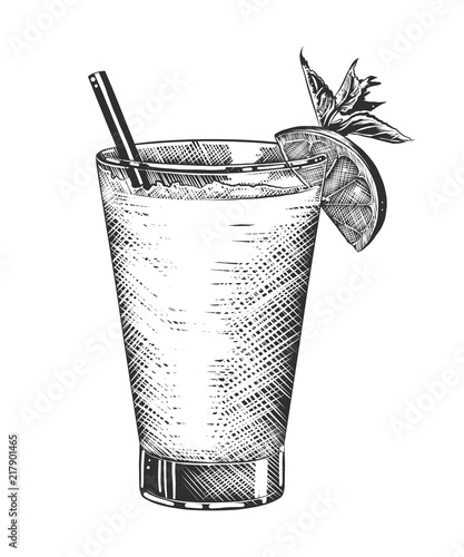 Vector engraved style illustration for posters, decoration and print. Hand drawn sketch of tequila shot cocktail, monochrome isolated on white background. Detailed vintage woodcut style