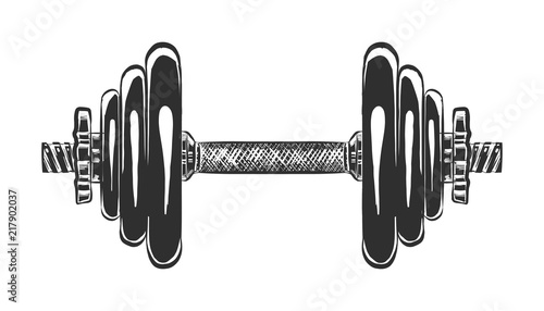 Vector engraved style illustration for posters, decoration and print. Hand drawn sketch of dumbbell in monochrome isolated on white background. Detailed vintage woodcut style drawing.