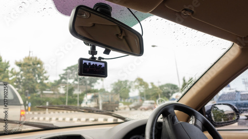 Windshield has installed a car camera on a rainy day.