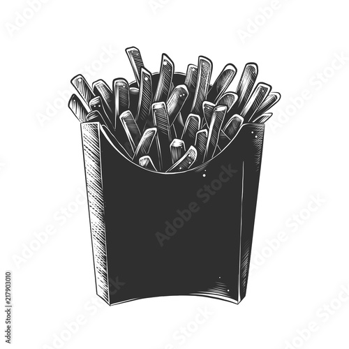 Vector engraved style illustration for posters, decoration and print. Hand drawn sketch of french fries in monochrome isolated on white background. Detailed vintage woodcut style drawing.