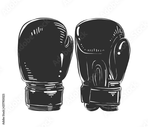 Vector engraved style illustration for posters, decoration and print. Hand drawn sketch of boxing gloves in monochrome isolated on white background. Detailed vintage woodcut style drawing.