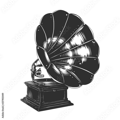 Vector engraved style illustration for posters, decoration and print. Hand drawn sketch of gramophone in monochrome isolated on white background. Detailed vintage woodcut style drawing.