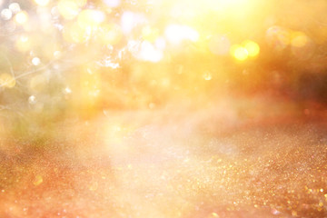 blurred abstract photo of light burst among trees and glitter golden bokeh lights.