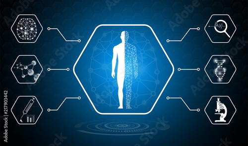 abstract background technology concept in blue light,brain and human body heal ,technology modern medical science in future and global international medical with tests analysis clone DNA human