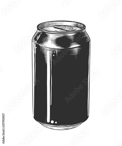 Vector engraved style illustration for posters, decoration and print. Hand drawn sketch of aluminum can in monochrome isolated on white background. Detailed vintage woodcut style drawing.