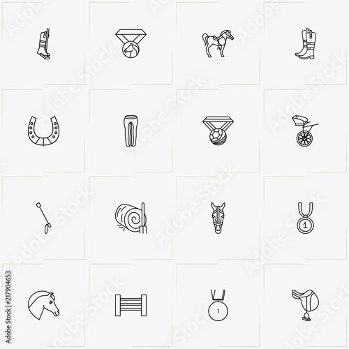 Equestrian Sport line icon set with horse, jockey uniform and hay